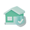 Ícone de uma casa verde com um escudo transparente e visto branco, representando o simulador de seguro vida crédito.
